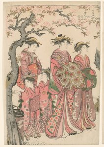 De Courtisanes Senzan, Yasono, en Yasoji van de Chojiya door Torii Kiyonaga