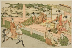 De Eerste Paardrijtocht van het Nieuwe Jaar (Uma norizome), uit het geïllustreerde boek "Kleuren van de Drievoudige Dageraad (Saishiki mitsu no asa)" door Torii Kiyonaga
