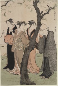 Derde maand: Kersenbloesemtijd in Gotenyama door Torii Kiyonaga