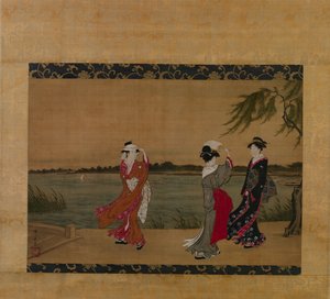 Drie meisjes aan een rivier