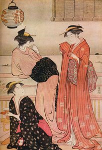 Drie meisjes op de veranda van een theehuis met uitzicht op Edo Bay in Shinagawa, c1752-1815