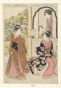 Vier hofdames luisterend naar het fluitspel van Yoshitsune door Torii Kiyonaga