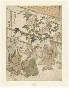 Vier jongens spelend bij een perkje met pioenrozen door Torii Kiyonaga