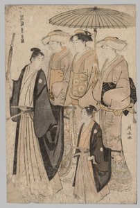 Vrouw van de Yoshiwara en bedienden (uit de serie Brokaten van het Oosten in de mode) door Torii Kiyonaga