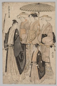 Vrouw van de Yoshiwara en bedienden door Torii Kiyonaga