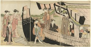 Vrouwen die aan Land Komen van een Pleziervaartuig op de Sumida Rivier door Torii Kiyonaga