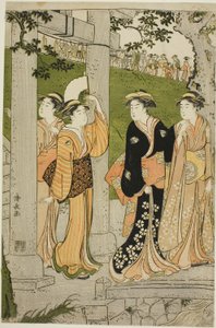 Vrouwen die het Mimeguri Heiligdom Bezoeken door Torii Kiyonaga