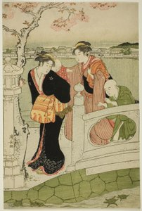Vrouwen en kinderen op de dam bij Shinobazu-vijver door Torii Kiyonaga