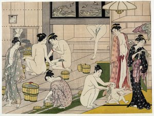 Vrouwen in een openbaar bad. Japanse prent door Torii Kiyonaga (1752-1815), circa 1785. Torii School (ukiyo-e)