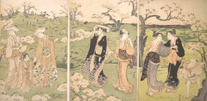 Jonge dames bekijken kersenbloesems bij Asukayama door Torii Kiyonaga