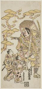 De acteurs Ichikawa Ebizo II als Musashibo Benkei, Sakata Shintaro (?) als Soga no Goro, en Takigawa Kinya (?) als Soga no Juro in het stuk "Sazareishi Suehiro Genji," uitgevoerd in het Nakamura Theater in de eerste maand, 1744 door Torii Kiyonobu II