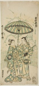 De acteurs Ichimura Kamezo I als Kanto Koroku en Arashi Tominosuke I als Hayasaki in het stuk "Hokazo Yunzei Hachinoki," uitgevoerd in het Ichimura Theater in de elfde maand, 1748