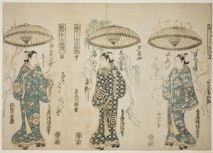 De Acteurs Onoe Kikugoro I (rechts), Sanogawa Ichimatsu I (midden), en Sanogowa Senzo (links), uit de triptiek "Negura sanpukutsui"