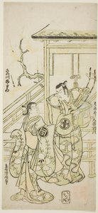 De acteurs Otani Oniji I als Soga no Goro en Sanogawa Ichimatsu I als de zus van Yoshinaka in het stuk "Fuji no Yuki Mitsugi Soga," opgevoerd in het Nakamura Theater in de eerste maand, 1746 door Torii Kiyonobu II