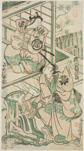 De Acteurs Sanogawa Ichimatsu I als Ike no Shoji en Segawa Kikujiro I als Hitachi Kohagi in het stuk "Mangetsu Oguri Yakata," opgevoerd in het Ichimura Theater in de achtste maand, 1747