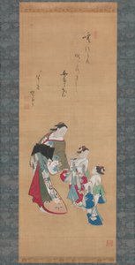 Courtisane en twee bedienden door Torii Kiyonobu I