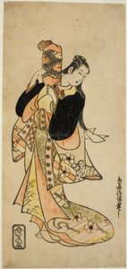 De Acteur Ichikawa Monnosuke I als Oiso no Tora in het stuk "Nigiwai Suehiro Soga," uitgevoerd in het Morita Theater in de eerste maand, 1721 (?)