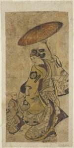 De acteurs Matsumoto Hyozo als een vrouw met een paraplu en Nakamura Shichisaburo I als een jonge jongen door Torii Kiyonobu I