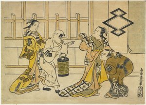 Ichikawa Danju_ro_ II, Fujimura Handayu_ II, Katsuyama Matagoro_, en Sanogawa Mangiku, 1719 door Torii Kiyonobu I Torii Kiyonobu I
