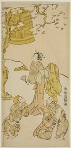 De acteurs Segawa Kikunojo II, Ichikawa Komazo II en Arashi Otohachi I in het stuk "Fude Hajime Soga no Tamazusa," uitgevoerd in het Nakamura Theater in de eerste maand, 1768 door Torii Kiyotsune
