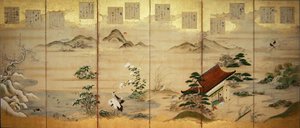 Zesdelig scherm met vogels en bloemen van de twaalf maanden door Tosa Mitsunari