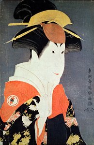 Hoofd en schouders van de kabuki-acteur Segawa Tomisaburo II als Yadorigi, vrouw van Ogishi Kurando, gepubliceerd in 1794