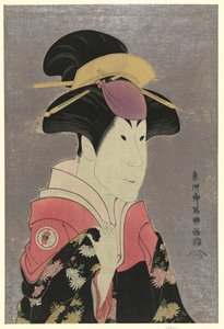 Segawa Tomisabur, een acteur, portret van hoofd en schouders, naar rechts gericht, in de rol van Yadorigi, de vrouw van Ogishi Kurando door Toshusai Sharaku