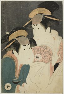 De acteurs Segawa Tomisaburo II (R) als Yadorigi, vrouw van Ogishi Kurando, en Nakamura Manyo (L) als de dienaar Wakakusa