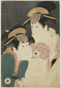 De acteurs Segawa Tomisaburo II (R) als Yadorigi, vrouw van Ogishi Kurando, en Nakamura Manyo (L) als de dienaar Wakakusa