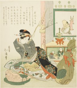 Dame zittend bij een Tokonoma-alcove door Totoya Hokkei