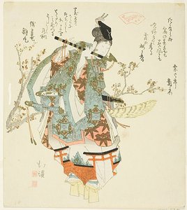 Minamoto no Yoshitsune (Ushiwaka Maru) speelt op een fluit