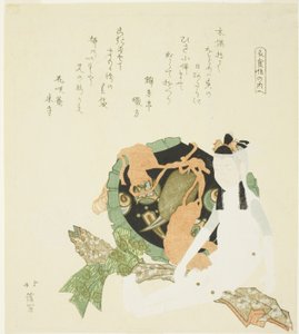 Twee poppen en een brokaattas, uit de serie "Kleding, Voedsel en Onderdak (Ishokuju no uchi)" door Totoya Hokkei