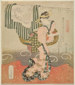 Vrouw met een sakebeker voor een gordijn en gedrapeerde kimono uit Vijf Bladen voor Bloemenkijken door Totoya Hokkei