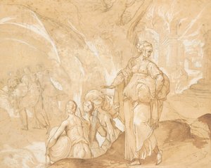 Vrouw van Lot kijkt terug naar de vernietiging van Sodom en Gomorra