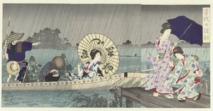 Het veer tussen de oevers van de Sumida door Toyohara Chikanobu