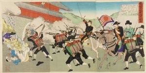 Generaal-majoor Oshima beschermt de Koreaanse koning terwijl troepen het kasteel van Kyongsong bestormen, 1895?