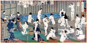 Badhuisscène, een prent van Toyohara Kunichika, 19e eeuw