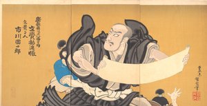 Ichikawa Danjūrō IX in de rol van de monnik Mongaku uit het toneelstuk "Mongaku Kanjincho" door Toyohara Kunichika