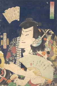Ichimura Kakitsu IV als Ushiwaka no Genji in het Kabuki-stuk Een parodie van de Rom..., 4e maand, 1868