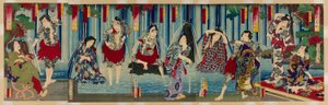Kabuki-sterren voor een gracieuze waterval (Arigataki megumi no hanagata) door Toyohara Kunichika