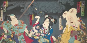Onoe Kikugoro V als Otowake Neko no ke Rechts, Bando Mitsugoro IV als Aisho Michinoku Cent, 1870 door Toyohara Kunichika