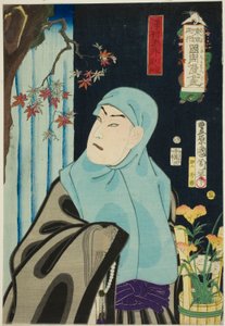 De acteur Sawamura Tossho II als Karukaya Doshin, nr. 5 uit de serie "Bloemen van Tokio: Karikaturen door Kunichika"