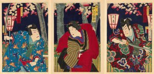 De acteurs Nakamura Shikan IV als Fuwa Banzaemon, Nakamura Fukusuke IV als de Dienstmeid, en Kataoka Gado III als Nagoya Sanzaburo