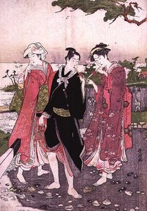 Twee meisjes en een jongen op een strand, pub. c.1780