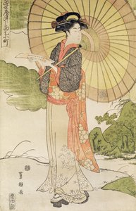 Staande vrouw met een parasol door Toyokuni II