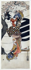 Japanse vrouw in kimono die gedichten ophangt in een bloeiende kersenboom, Japanse houtsnede door Ishikawa Toyonobu (1711-1785) ca. 1741