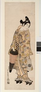 De acteur Sanogawa Ichimatsu met een lantaarn en een paraplu door Toyonobu Ishikawa