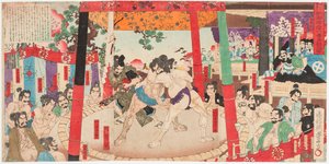 Sumo-gevecht voor Toyotomi Hideyoshi (1537-1598) en Kato Kiyomasa (1562-1611). Prent door Utagawa Toyonobu (1859-1886)
