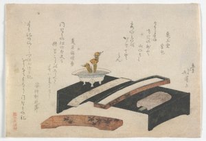 Surimono met een schrijftafel, Edo-periode, ca. 1800-10 door Toyota Hokkei