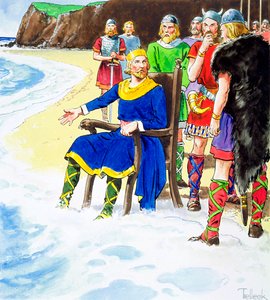 Koning Canute die er niet in slaagt de golven tegen te houden